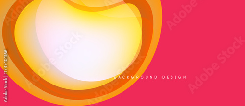 Abstract design features layered orange curves over pink backdrop. Bright center radiates outward, creating dynamic visual effect.