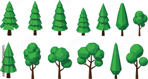 Low-Poly Tree Vector Set Featuring Stylized Coniferous and Deciduous Designs for Nature, Forest, Game, Landscape, and Educational Use