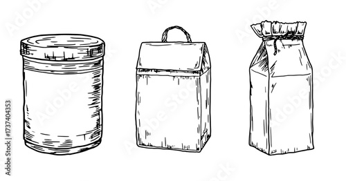 Round tin can and paper bags, sketch. Vector illustration. Packaging for storing food, canned food a set, isolated on white background. Food and cuisine theme, Christmas, New Year and holidays