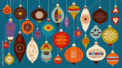 Colorful vintage Christmas ornaments, hanging on blue background, flat design, copy space