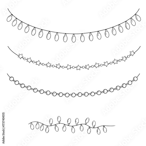 Garland of light bulbs, black and white sketch. Vector illustration. A festive candle garland,a fringe assembly kit, is isolated on a white background. For holiday postcards, invitations, banners
