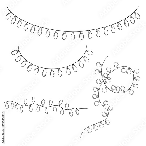 Garland of light bulbs, black and white sketch. Vector illustration. A festive candle garland,a fringe assembly kit, is isolated on a white background. For holiday postcards, invitations, banners