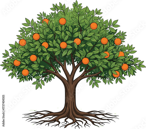 Orange tree with green leaves, ripe fruit, and visible roots in vector style for agriculture, growth, nature, and botanical education