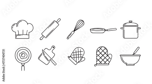 Set of hand-drawn cooking and baking utensils simple line art icons for food preparation vector