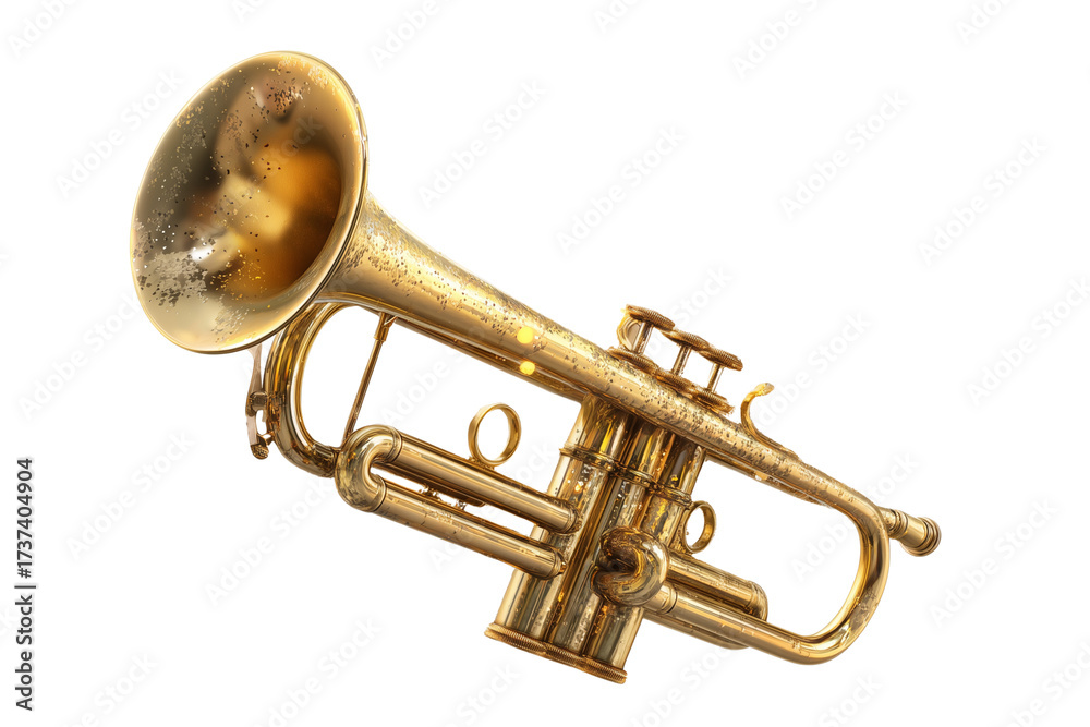 Obraz premium A Happy New Year golden trumpet with sparkles, isolated on a transparent background.