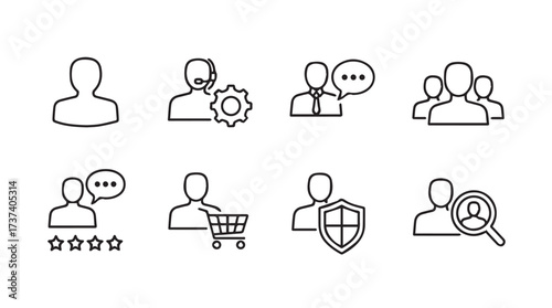 Collection of outline user profile and social interaction icons for digital use vector