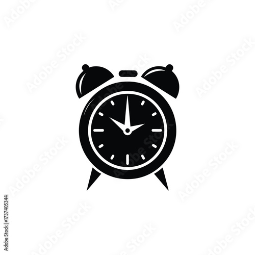 Black Silhouette of Classic Alarm Clock with Bell and Clock Hands on Transparent Background