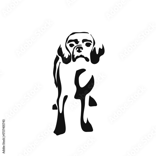 Vector drawing of a dog. Black and white gestalt design of a funny pet. Little doggy. Cute animal illustration. Postcard for International Dog Day.	
Drawing of an animal in the Gestalt style.