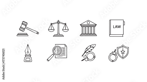 Collection of legal justice icons representing law and order in a clean outline style vector