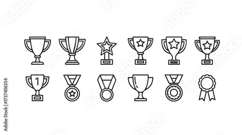 Collection of hand drawn trophy and award icons representing victory achievement and success vector
