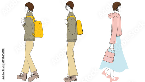 線画 リュックやバックをもっている3パターンセット2 Flat Line Drawing People Series:Line drawing set of 3 patterns with backpacks and bags
