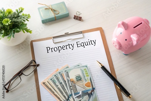 A financial workspace showcasing property equity documents, cash, and a piggy bank with a plant