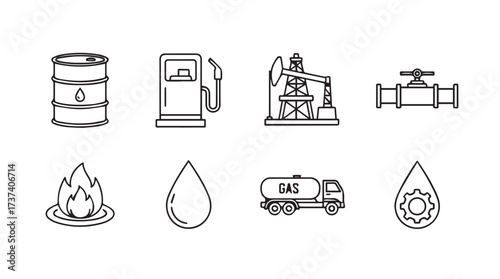 Set of hand drawn icons representing the oil and gas industry and energy resources vector