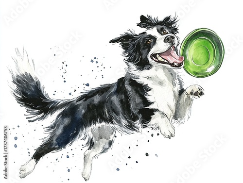Watercolor painting of a Border Collie dog catching a green flying disc The dog is mid air full body black and white