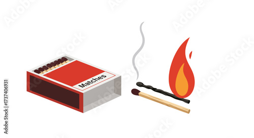 Matchbox with Matches One Lit and Burning with Flame.