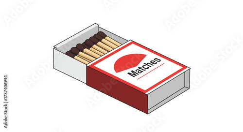 Open Matchbox with Matches Red and White Design Isometric View.