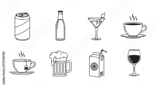 Hand drawn collection of popular beverage icons and drinks in sketchy style vector