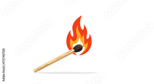 Cartoon Matchstick Ignited with Bright Orange and Yellow Flames.