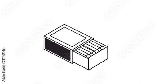 Open Matchbox with Matches Black and White Line Art Illustration.