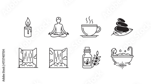 Serene spa icons representing relaxation wellness and self care activities in minimalist style vector