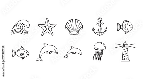 Whimsical hand drawn sketch collection of marine life and nautical elements in black and white vector
