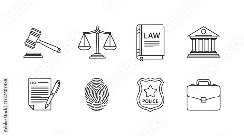 Legal justice symbols set gavel scales law book courthouse fingerprint badge briefcase icons vector