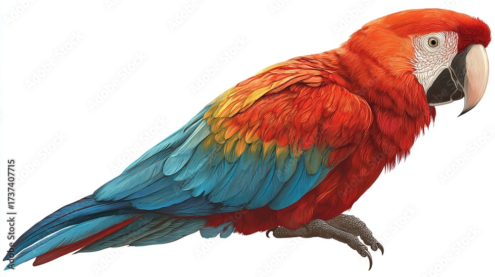 Obraz premium Parrot illustration, vibrant red feathers offset by blue wing plumage, isolated