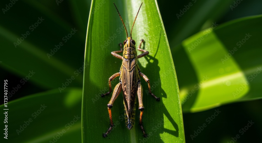 Fototapeta premium Close-up of green grasshopper on leaf, symbol of insects and nature, perfect for biology, entomology, and outdoor wildlife themes.