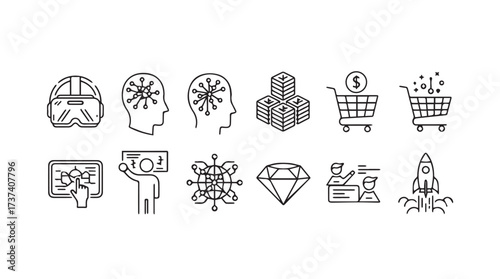 Collection of outline icons representing technology finance innovation business and future concepts vector