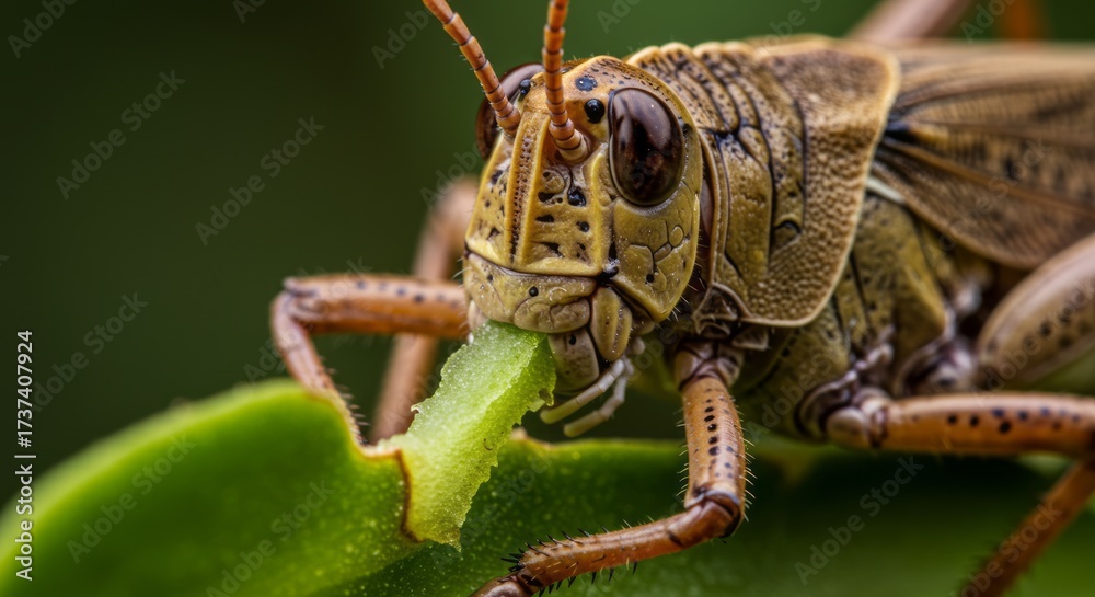 Fototapeta premium Close-up of green grasshopper on leaf, symbol of insects and nature, perfect for biology, entomology, and outdoor wildlife themes.