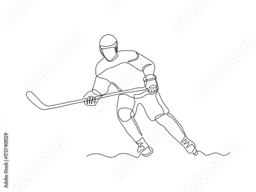 Abstract faceless ice hockey player with a stick on a white background, continuous single one line art hand drawing sketch logo