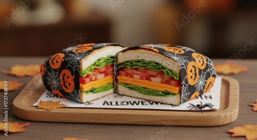Halloween themed sandwich cut in half on a wooden tray with autumn leaves decoration