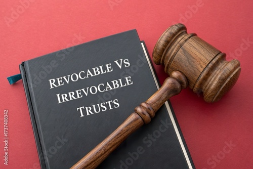 Legal comparison of revocable vs irrevocable trusts with a gavel on a red background