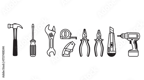 Set of hand tools and power drill for home improvement and diy projects vector