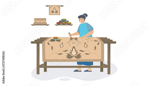 Man painting batik on cloth illustration