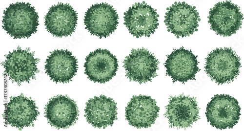 Top-Down Bush Vector Set Featuring Diverse Shrub Shapes and Foliage Patterns for Landscape, Garden, Architecture, and Environmental Design