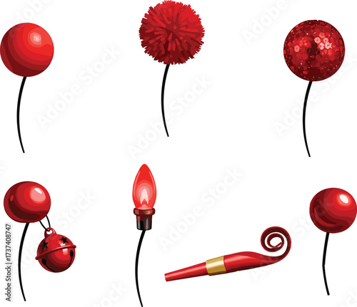 Flat vector, red festive decorations on sticks, holiday party props, shiny, fluffy, glittery, jingle bell, light bulb, blower