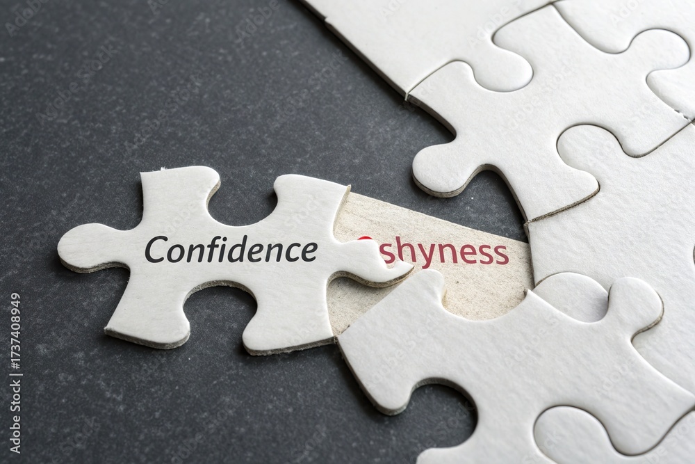 Obraz premium Puzzle pieces labeled 'Confidence' and 'Shyness' on a dark surface, symbolizing personal growth and emotions