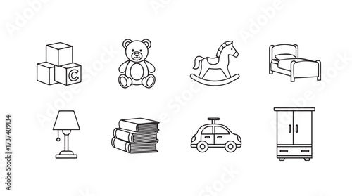 Collection of hand drawn nursery and playroom objects icons for children vector