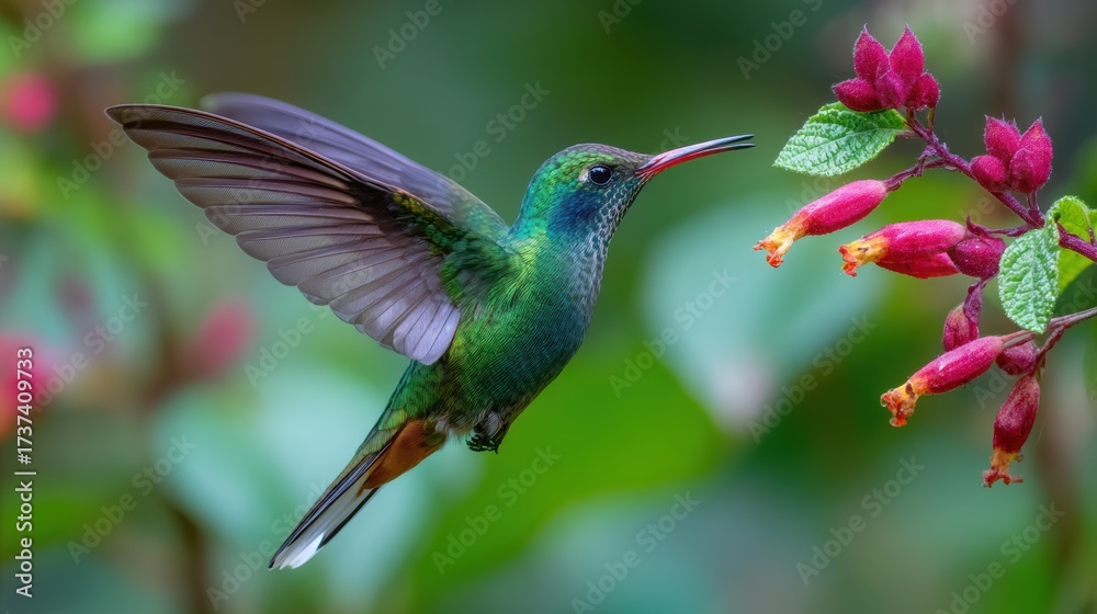 Fototapeta premium A vibrant hummingbird sips nectar from a flower in a lush tropical garden.