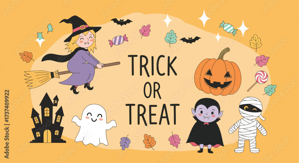 Fototapeta premium Halloween Trick or Treat Scene with Witch, Pumpkin, and Spooky Characters