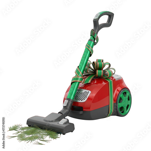 Red vacuum cleaner with a green ribbon and bow cleaning up christmas tree needles on black on transparent background