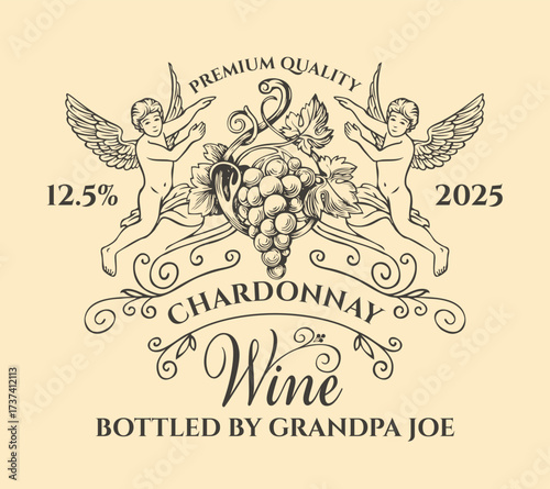 A vector personalized alcohol bottle label with a heart sign and cupid angels. With vintage inscriptions. For birthdays, anniversaries, and holidays. No AI