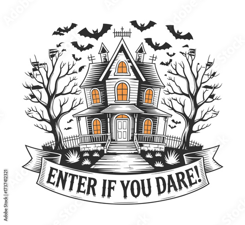 Spooky haunted house with glowing windows and flying bats, inviting brave souls to enter if they dare for a thrilling Halloween adventure.