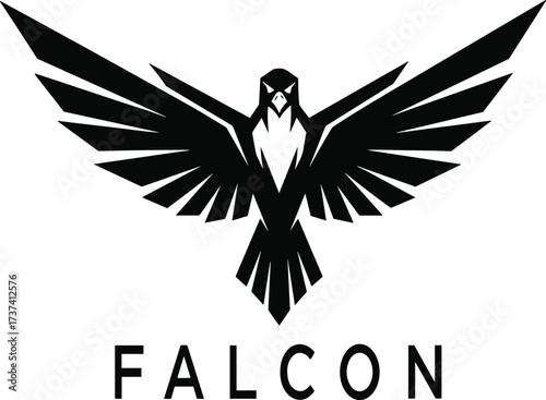 Falcon bird logo design with spread wings, eagle silhouette, powerful hawk symbol, black minimalist vector, aviation emblem, predator icon