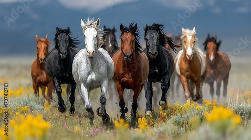 head-on perspective, a tightly packed herd of majestic feral horses runs directly towards the viewer, their expressive faces and powerful necks leading the charge. The force of their movement 