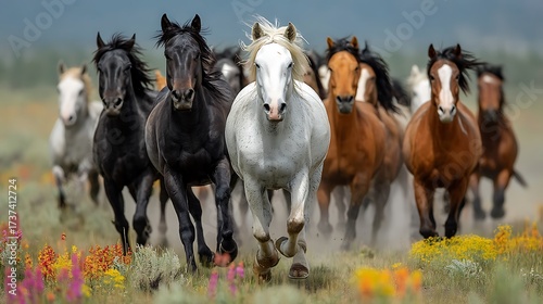 head-on perspective, a tightly packed herd of majestic feral horses runs directly towards the viewer, their expressive faces and powerful necks leading the charge. The force of their movement 