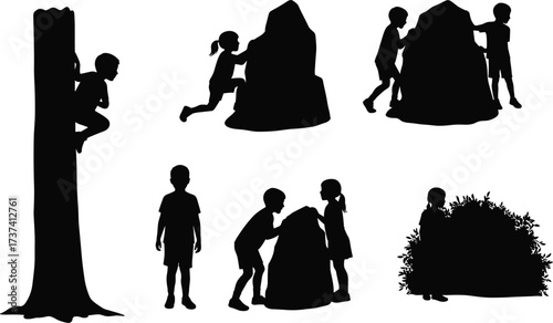 Black silhouette vector bundle of active children playing outdoors, climbing a tree, exploring a rock, and hiding in a bush, depicting childhood adventures.