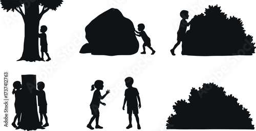 Black silhouette vector bundle of active children playing outdoors, climbing a tree, exploring a rock, and hiding in a bush, depicting childhood adventures.