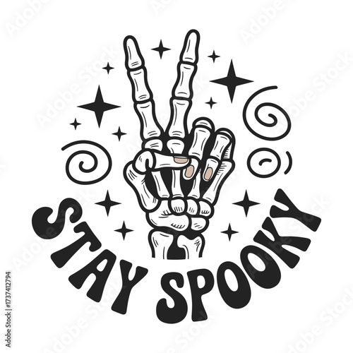 Spooky skeleton hand flashing peace sign with stars and swirls, perfect for Halloween celebrations and festive designs